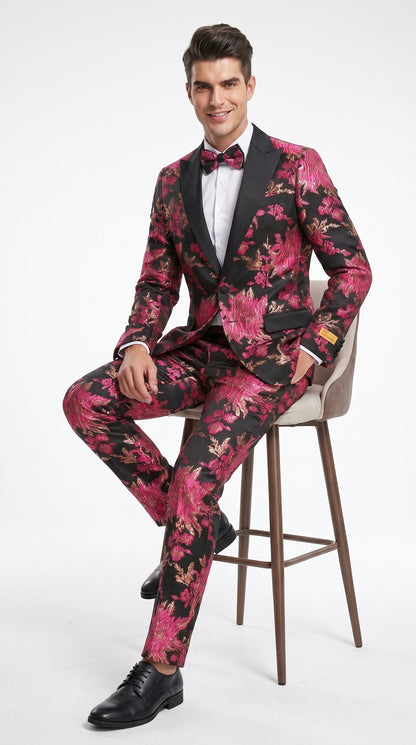 Men’s Fuchsia Pink and Black Floral Paisley Prom Tuxedo Suit, Shawl Lapel Wedding Party Formal Wear