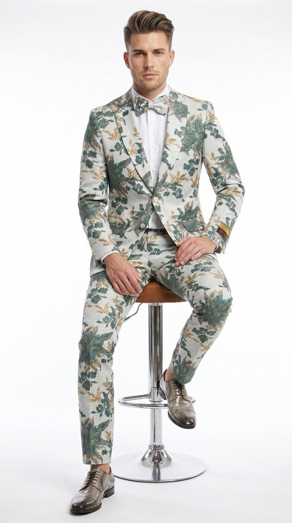 Men’s Green and Gold Floral Paisley Tuxedo Suit with Matching Bow Tie, Fancy Prom Wedding Formal Suit Set