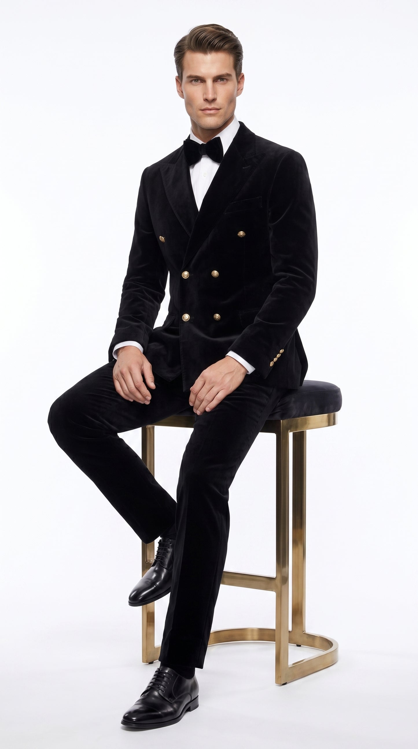 Men’s Rossi Man Zeus Black Velvet Double Breasted Tuxedo Suit, Formal Wedding Prom Dinner Suit Set