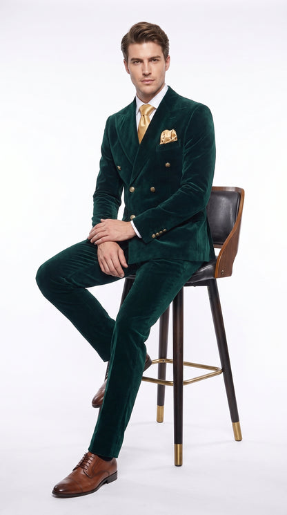 Men’s Rossi Man Zeus Emerald Green Velvet Double Breasted Tuxedo Suit, Formal Wedding Prom Dinner Suit