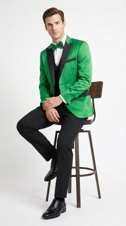 Men’s Emerald Green Tuxedo with Black Shawl Lapel, Black Vest and Pants – Formal 3 Piece Prom Wedding Suit