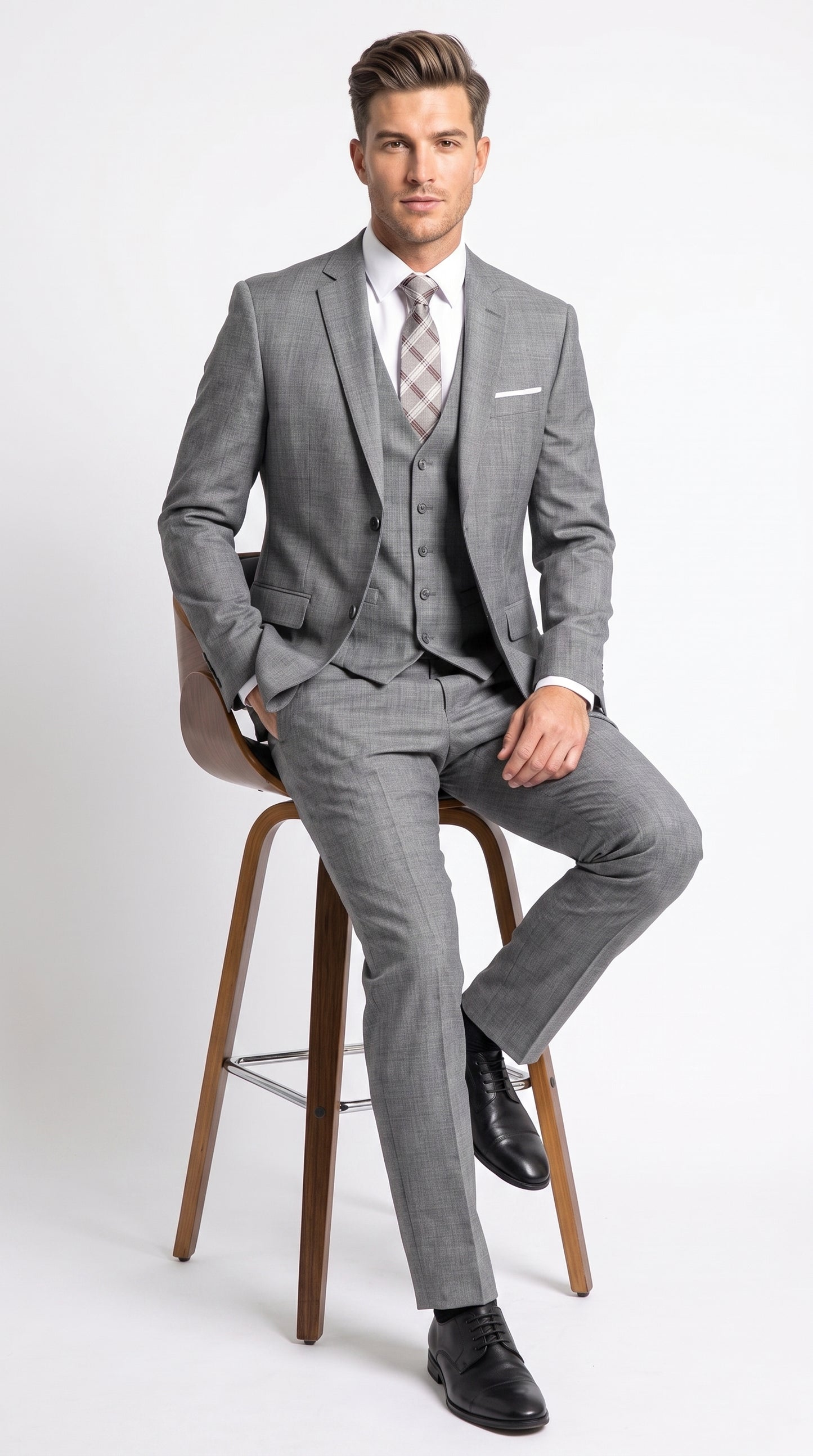 Men’s Charcoal Grey Windowpane Plaid 3 Piece Suit, 2 Button Vested Formal Dress Suit
