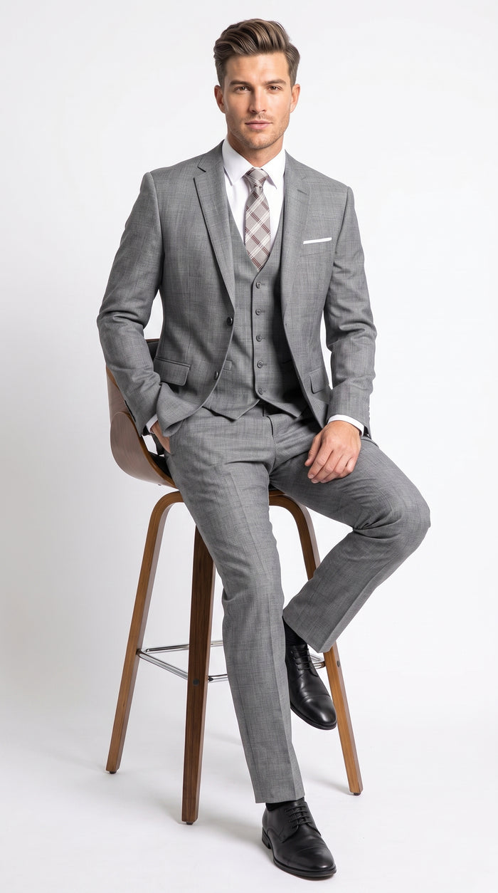 Men’s Charcoal Grey Windowpane Plaid 3 Piece Suit, 2 Button Vested Formal Dress Suit