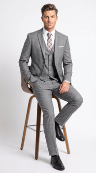 Men’s Charcoal Grey Windowpane Plaid 3 Piece Suit, 2 Button Vested Formal Dress Suit