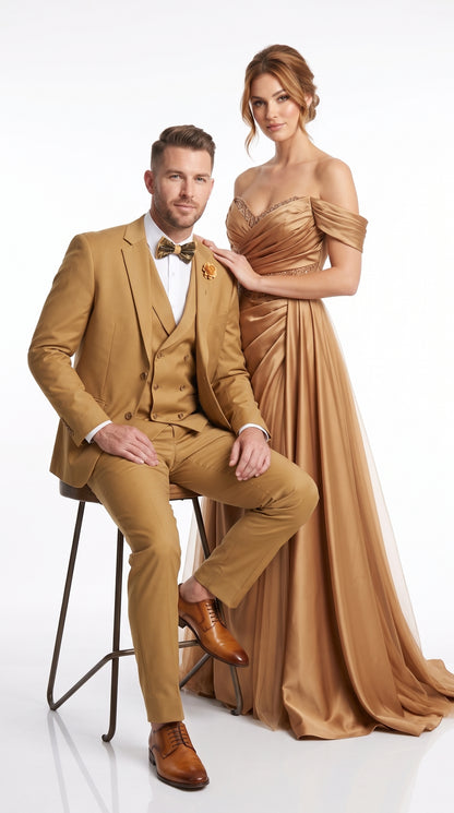 Men’s Camel Classic Fit 3 Piece Suit, Vested Formal Wedding Prom Suit with Knee Lined Pants