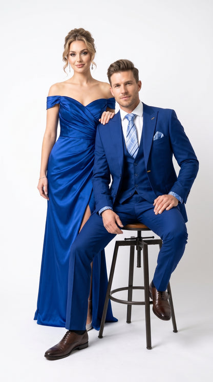 Men’s Royal Blue 3 Piece Vested Suit, 2 Button Peak Lapel Formal Wedding Prom Business Suit