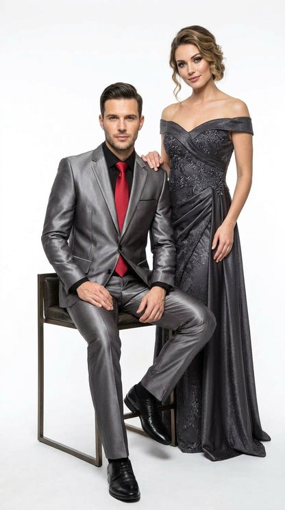Men’s Shiny Sharkskin Charcoal Gray Suit, 2 Button Dark Grey Formal Suit with Flat Front Pants