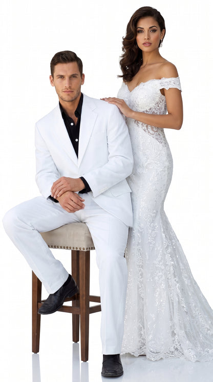Men’s White 2-Button Suit – Classic Two-Piece Formal Suit with Black Shirt Look