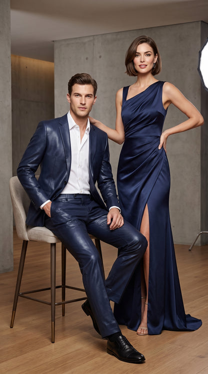 Men’s Dark Navy Blue Shiny Sharkskin Suit – 2-Button Side-Vent Formal Wedding & Prom Suit
