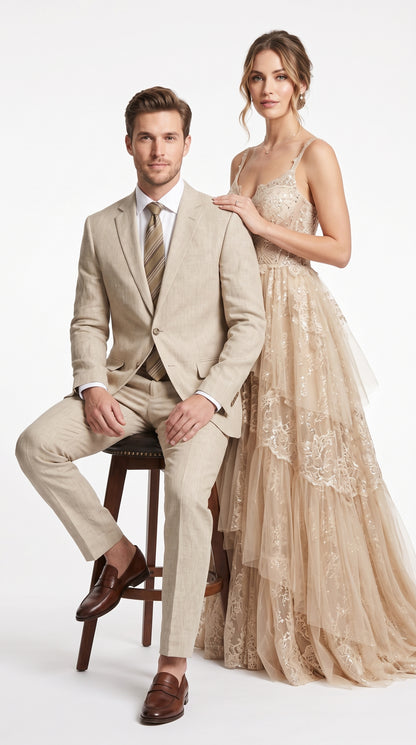 Men’s Beige Linen Suit, Lightweight 2 Button Prom Wedding Summer Suit