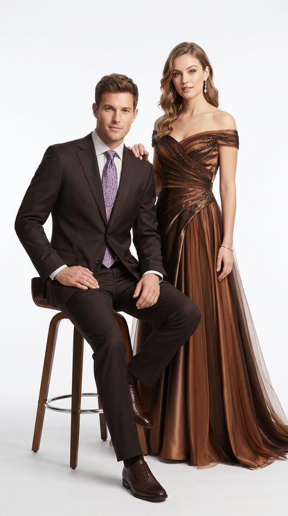 Men’s Brown Super 150s 2 Piece Suit, Classic 2 Button Formal Wedding Business Suit