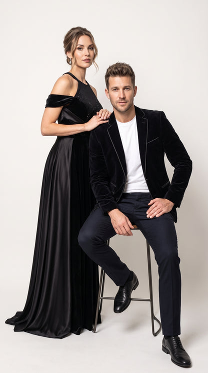 Men's Black Prom Party Blazer – Modern Fit 2-Button Velvet-Style Designer Dinner Jacket with Contrast Piping