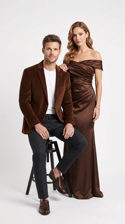 Men's Brown Velour Blazer Jacket – Classic Velvet-Look 2 Button Sport Coat for Weddings, Parties & Formal Events