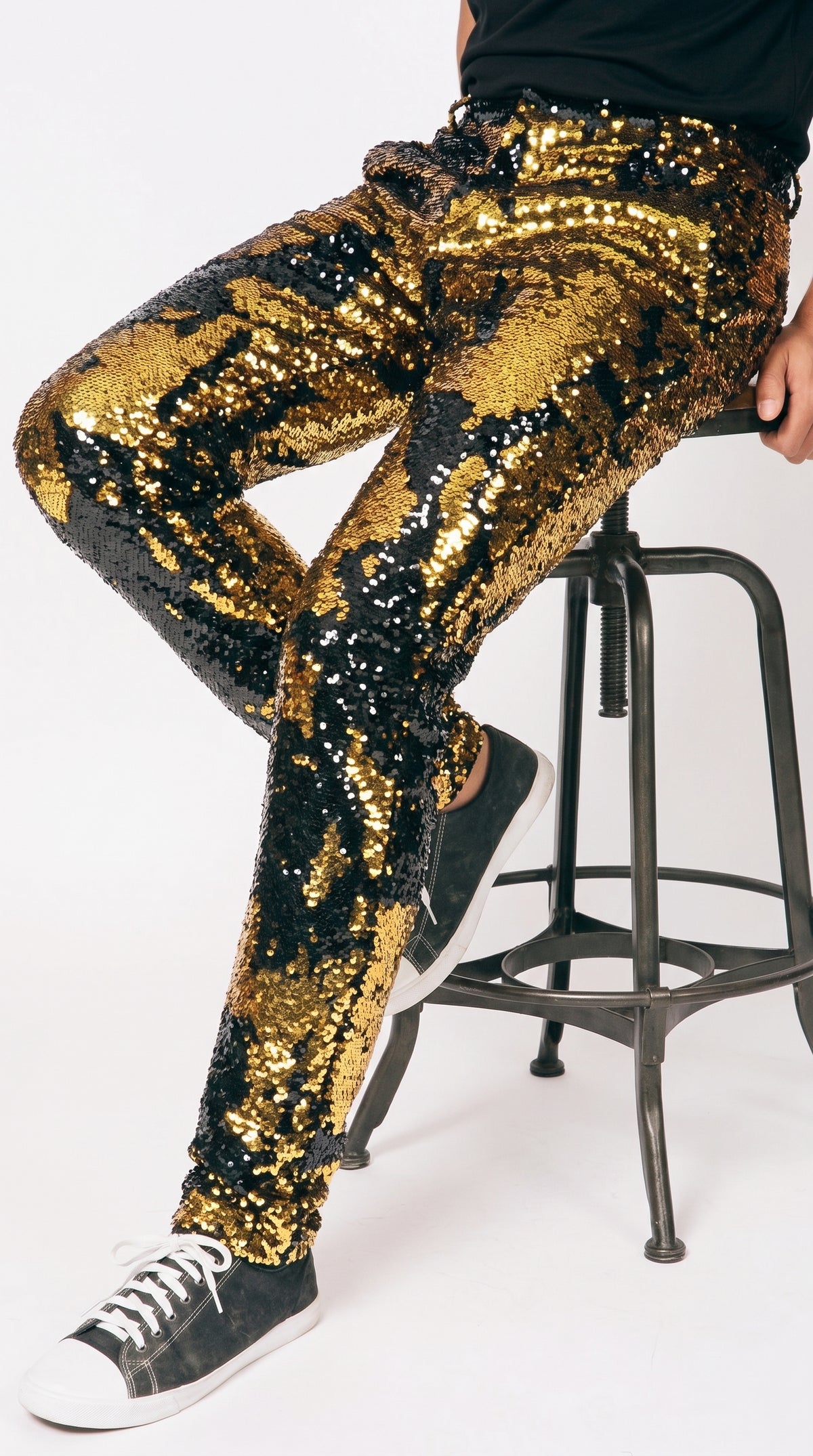 Men’s Gold and Black Sequin Pants, Shiny Party Stage Performance Dress Pants