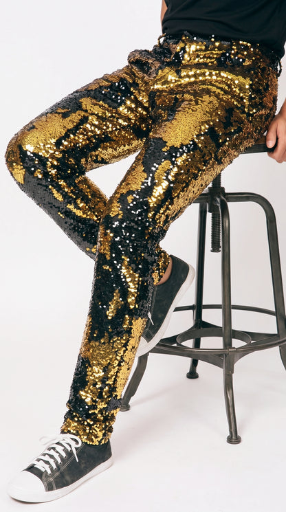 Men’s Gold and Black Sequin Pants, Shiny Party Stage Performance Dress Pants