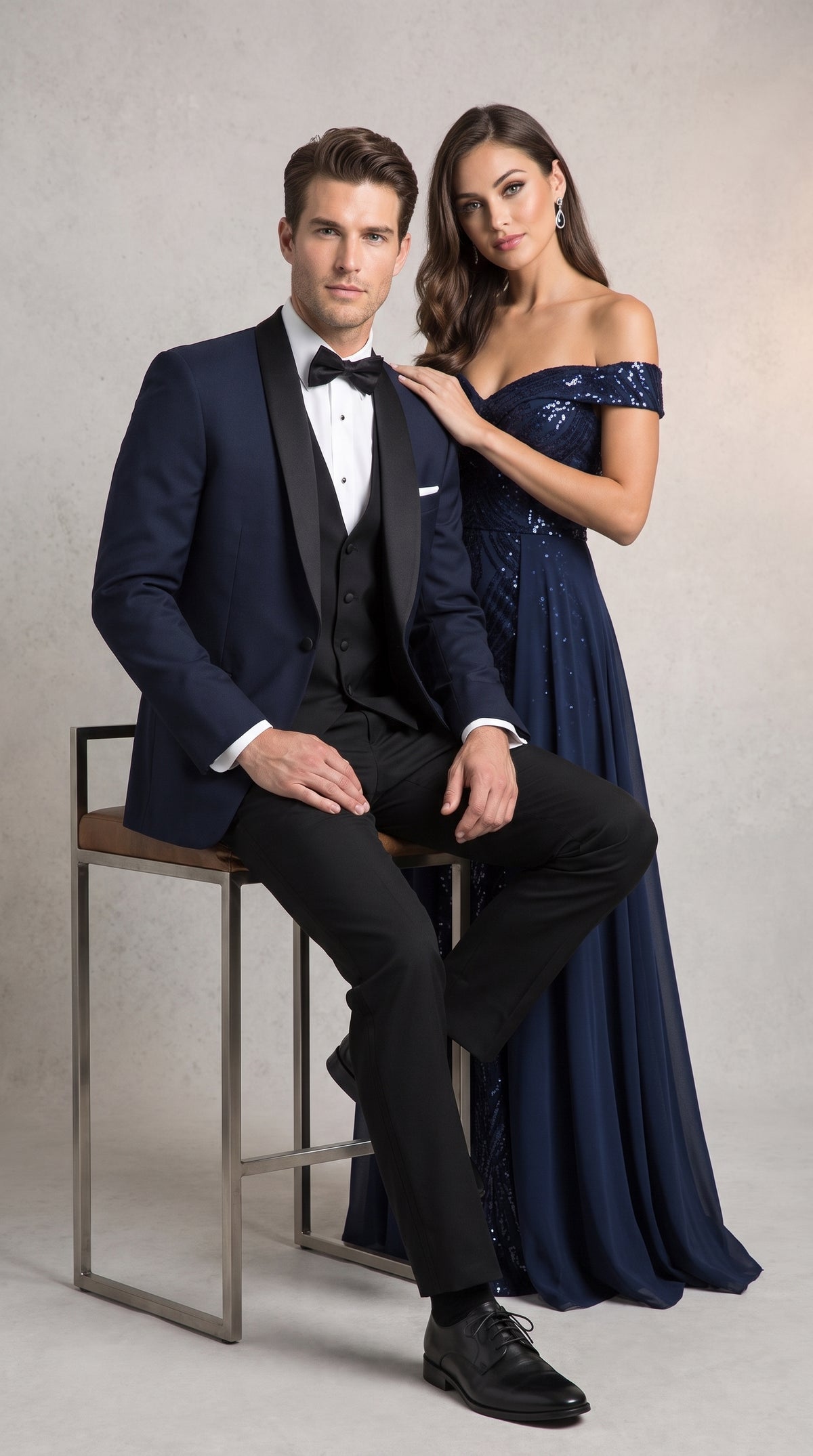 Men’s Big & Tall Navy Blue Tuxedo – Black Satin Shawl Lapel Formal Wedding & Prom Suit
