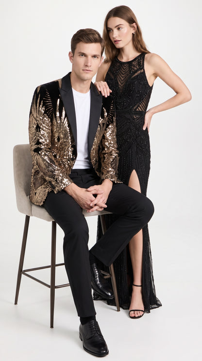 Men’s Black & Gold Peacock Sequin Tuxedo Jacket – Luxury Prom, Wedding & Party Blazer with Black Shawl Lapel