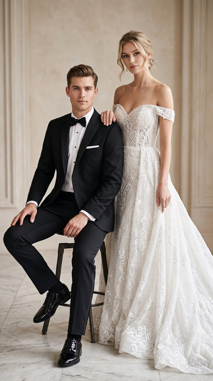 Men's Black Peak Lapel Wedding Tuxedo – Modern Fit Single-Breasted Formal Prom & Groom Tuxedo Suit