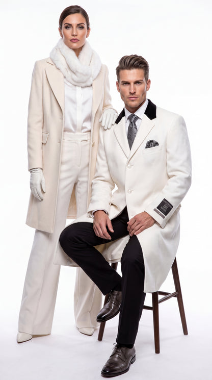 Men’s White Chesterfield Overcoat – Full-Length Wool & Cashmere Dress Coat