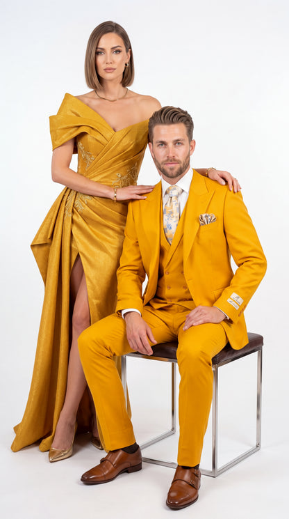 Rossi Man ELI RM103 – Men’s Bold Yellow Modern Fit 3-Piece Suit with Peak Lapel