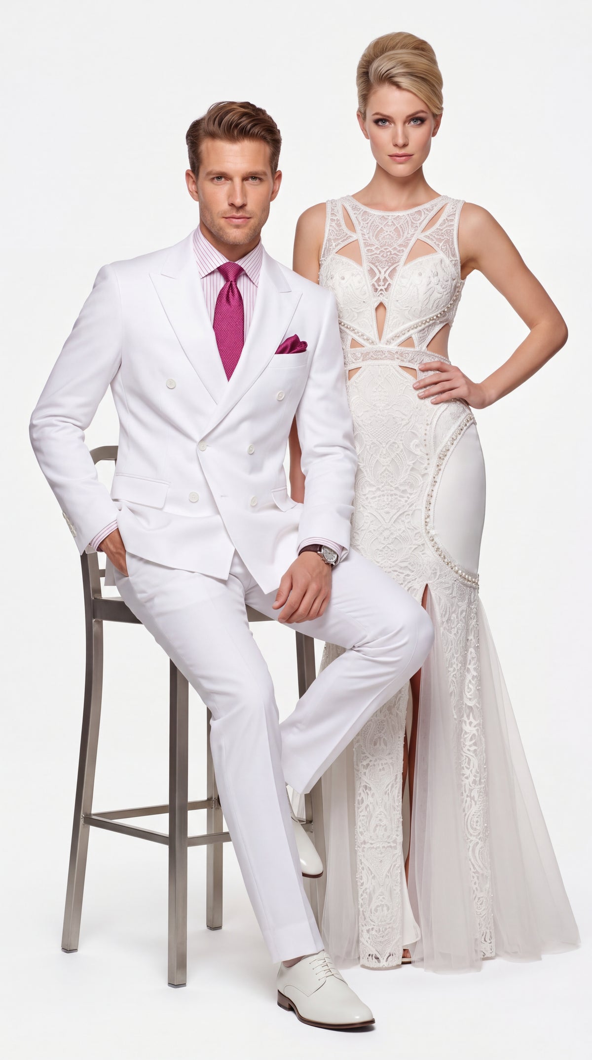 Apollo King Men’s White Double-Breasted Suit – Classic Luxury Wool-Feel Pleated Pants Suit