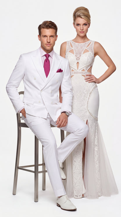 Apollo King Men’s White Double-Breasted Suit – Classic Luxury Wool-Feel Pleated Pants Suit