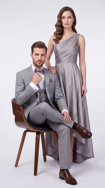 Slim Fit Suit Gray Narrow Lapel LOW VEST Vented European Men'S Slim Fit Suits - Three Piece Suit