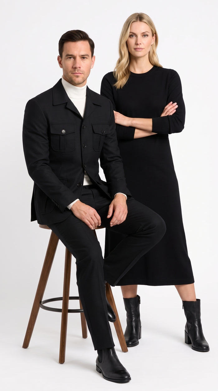 Men’s Black Safari Walking Suit, Utility Jacket and Trousers Casual Dress Set