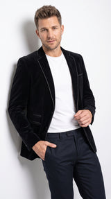 Men's Black Prom Party Blazer – Modern Fit 2-Button Velvet-Style Designer Dinner Jacket with Contrast Piping
