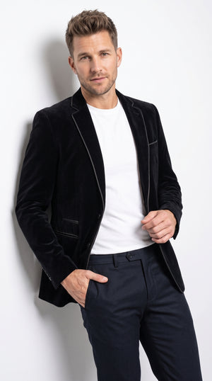 Men's Black Prom Party Blazer – Modern Fit 2-Button Velvet-Style Designer Dinner Jacket with Contrast Piping