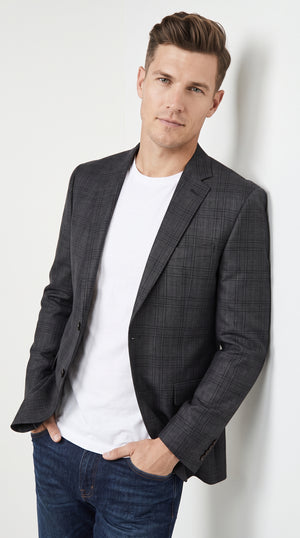 Men's Charcoal Grey Plaid Blazer – Classic 2-Button Windowpane Check Sport Coat for Business, Weddings & Formal Wear