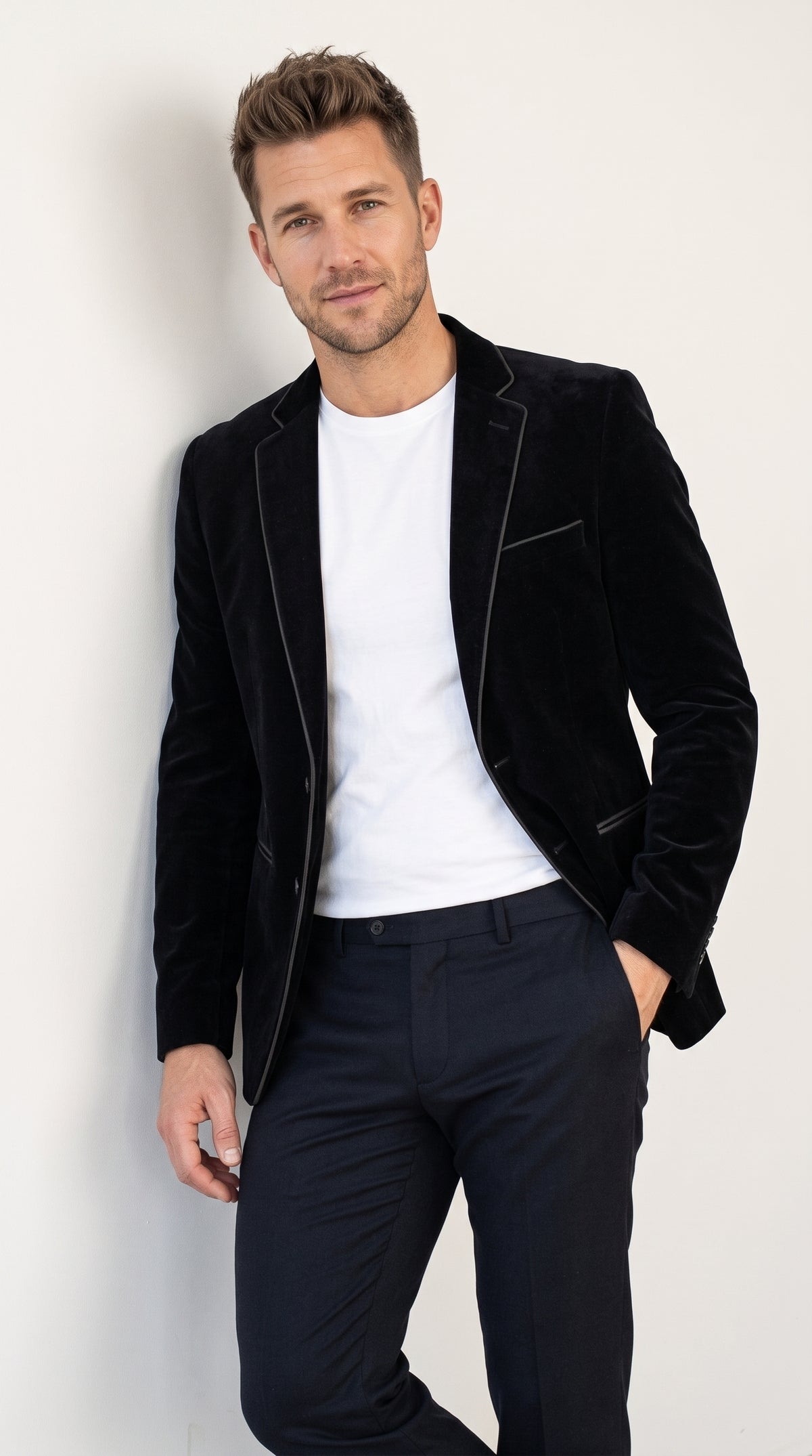Men's Black Prom Party Blazer – Modern Fit 2-Button Velvet-Style Designer Dinner Jacket with Contrast Piping