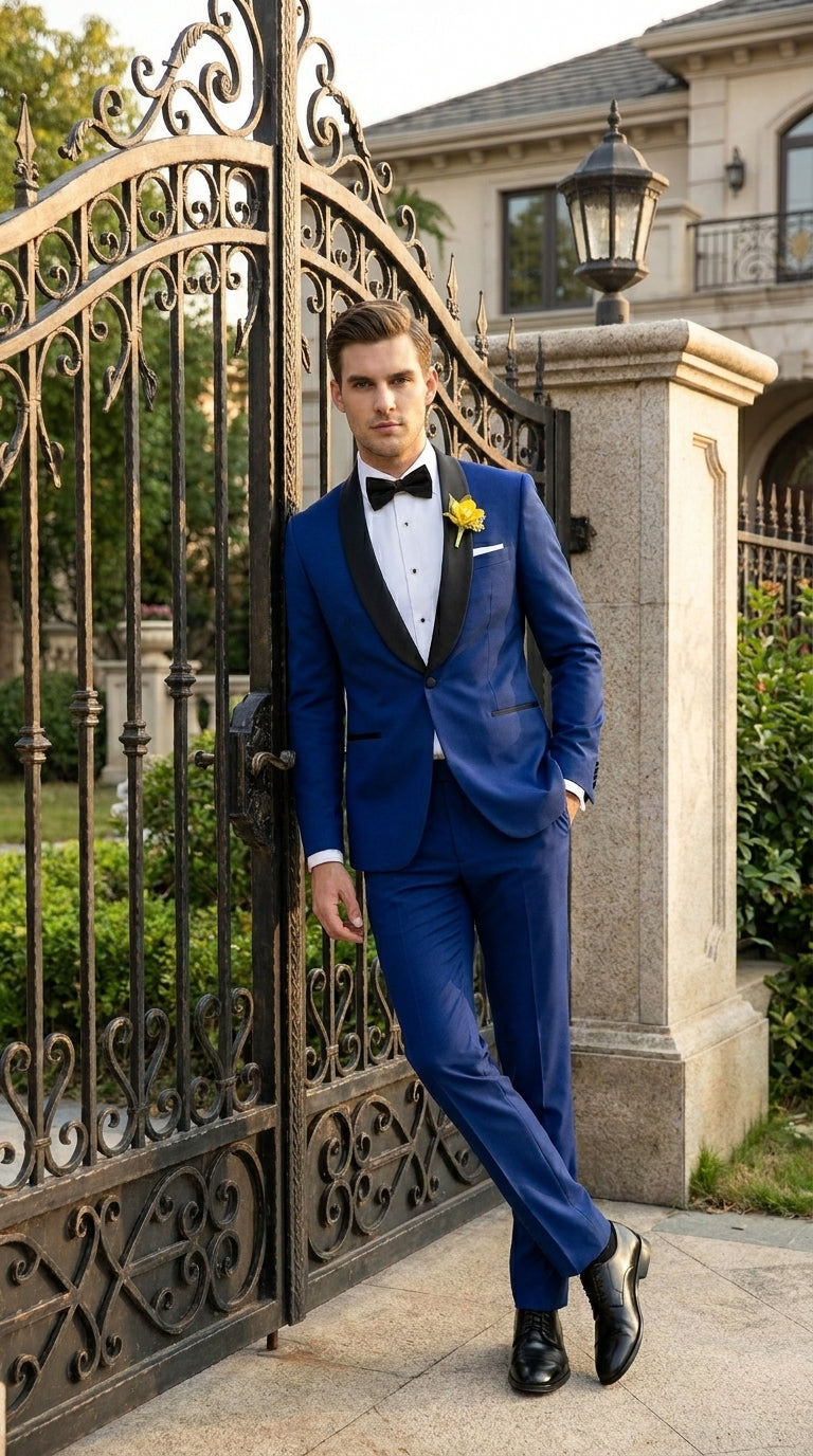 Men’s Royal Blue Tuxedo Dress Suit with Black Shawl Lapel, Formal Wedding Prom Suit