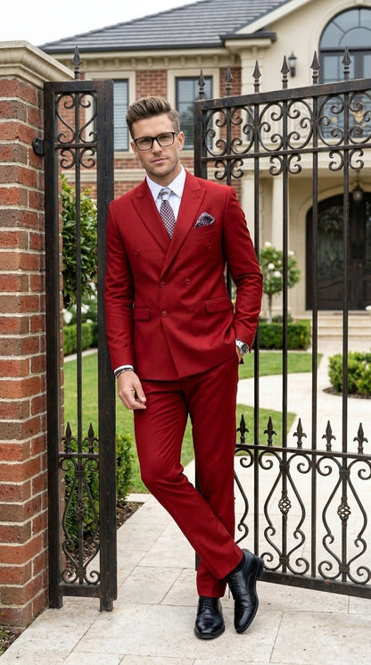 Men’s Modern Double Breasted Peak Lapel Suit – Red by EJ Samuel