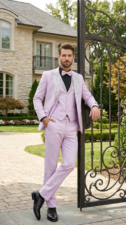 Gray and Pink Prom Tuxedo - Perfect Wedding Suit Vested rhinestone sequin Lapelled