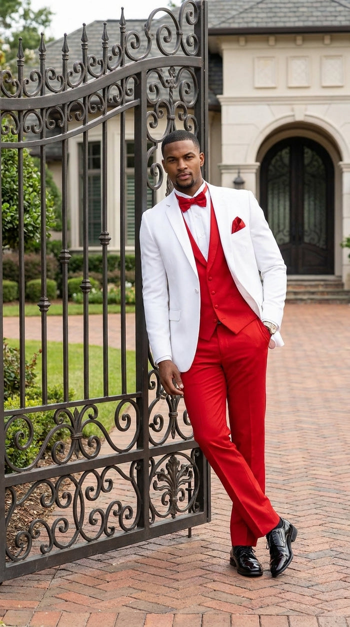 White and Red Tuxedo Wedding Suit - White Dinner Jacket + Vest + Pants + Bow-tie