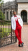 White and Red Tuxedo Wedding Suit - White Dinner Jacket + Vest + Pants + Bow-tie