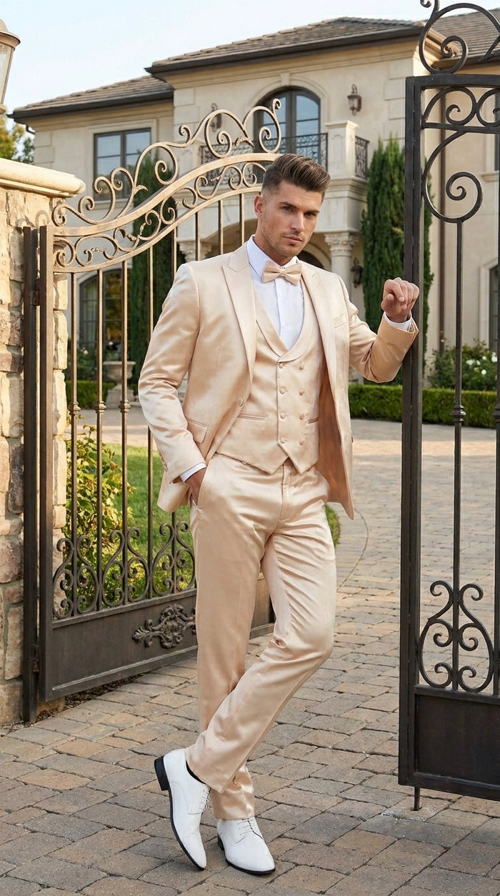 Champagne Suit - Light Gold Color Shiny Suit - Sateen Suit - Wedding Tuxedo Suit