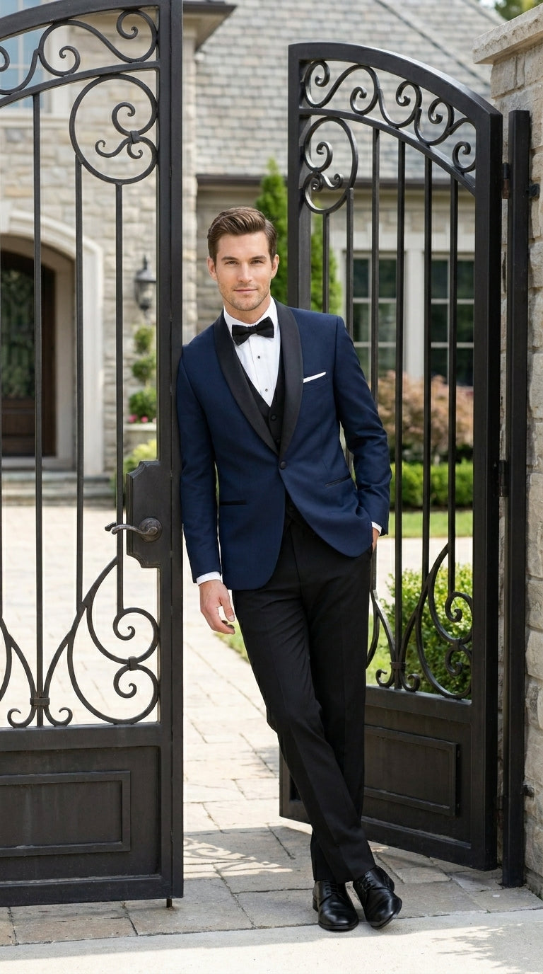 Suit Midnight Dark Navy Blue Suit For Men Tux With Black Lapel Suit Shawl Collar 1 Button Dinner Jacket Looking