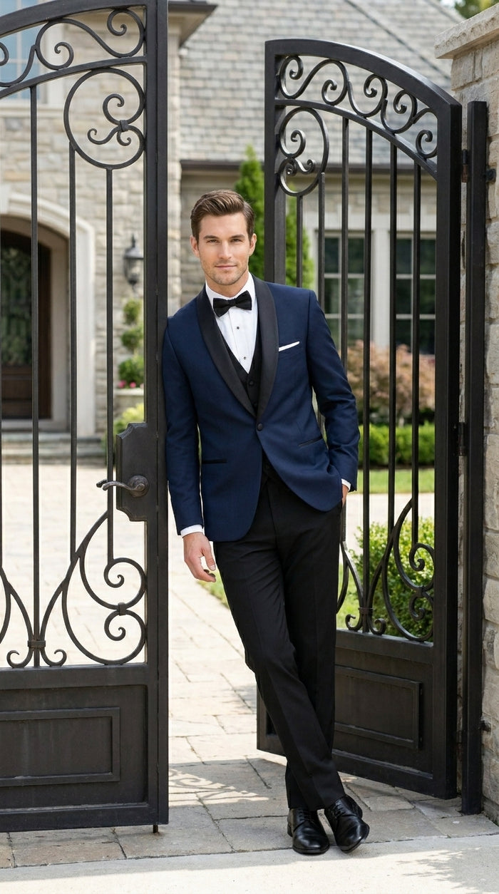Suit Midnight Dark Navy Blue Suit For Men Tux With Black Lapel Suit Shawl Collar 1 Button Dinner Jacket Looking