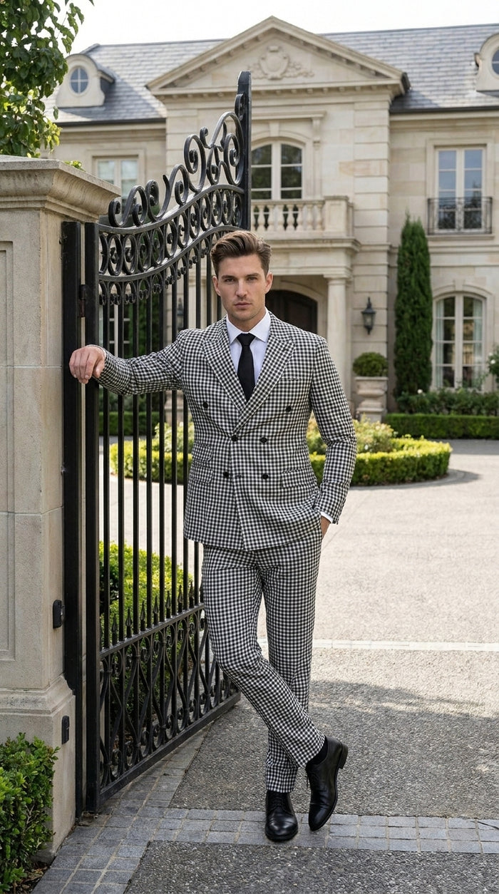 Men’s Black and White Houndstooth 2 Piece Wool Suit with Double Breasted Jacket and Pants  Modern Fit
