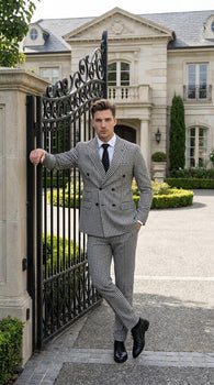 Men’s Black and White Houndstooth 2 Piece Wool Suit with Double Breasted Jacket and Pants