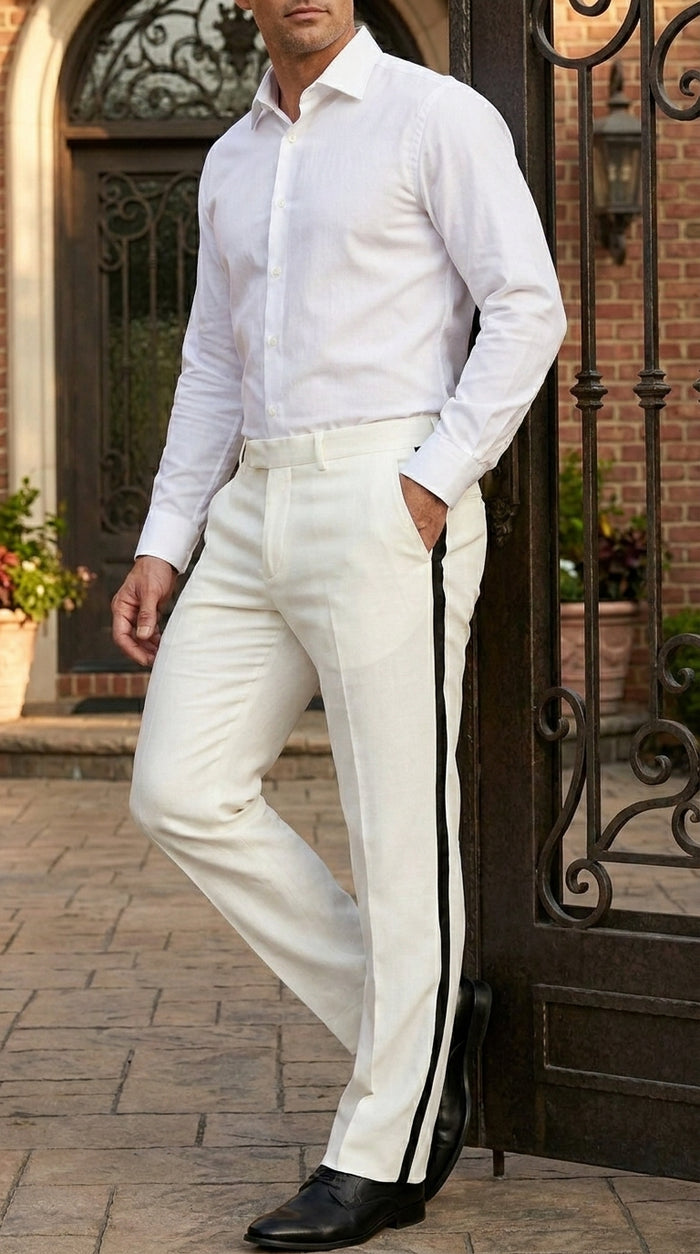 Men’s Ivory Tuxedo Pants with Black Satin Stripe, Flat Front Formal Dress Trousers