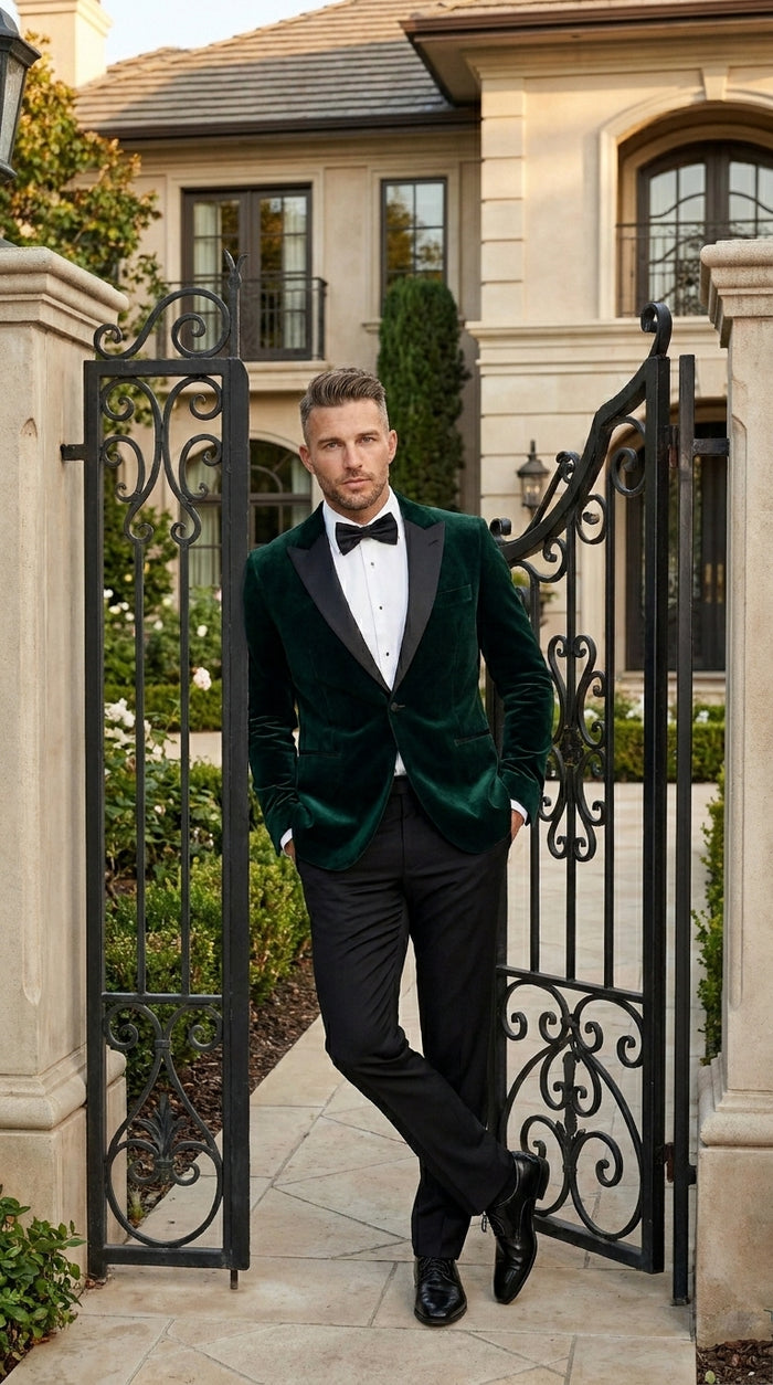 Men’s Olive Hunter Green Velvet Tuxedo Jacket with Black Satin Lapel, Formal Wedding Dinner Blazer