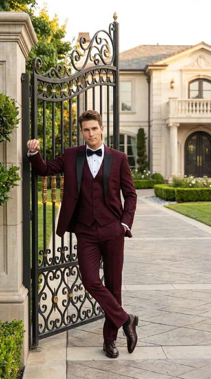 Men’s Burgundy Vested Wedding Tuxedo, One Button Jacket with Black Peak Lapel and Matching Pants