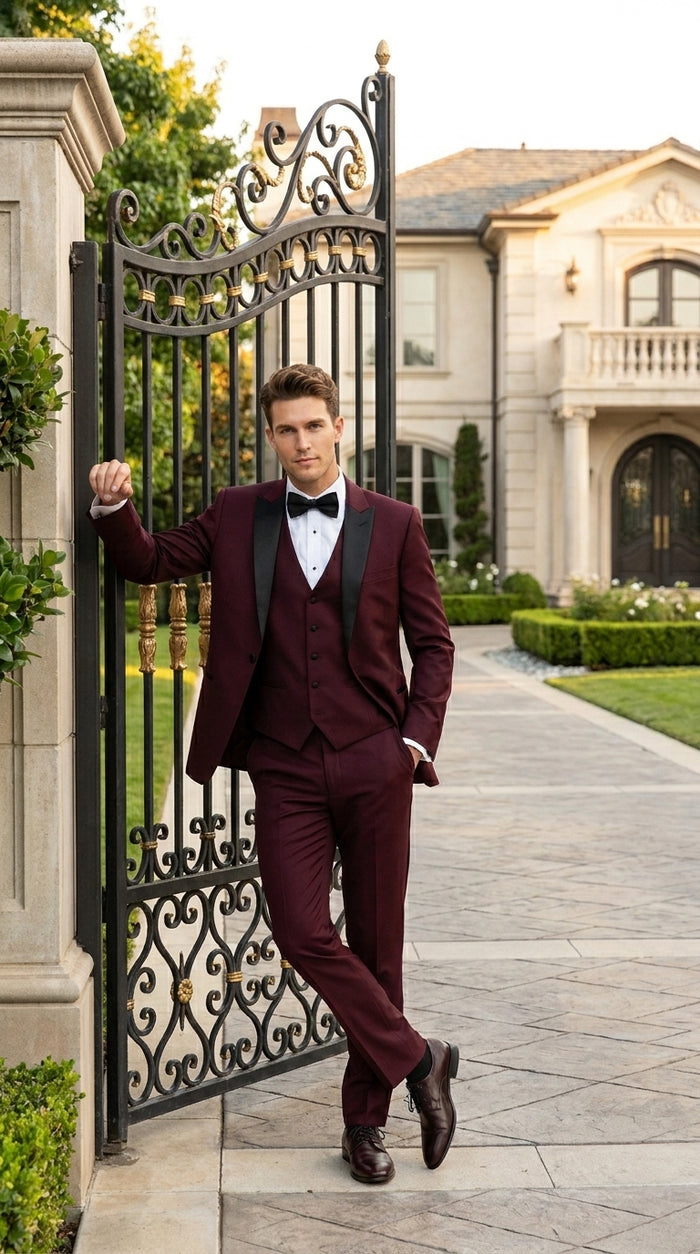 Men’s Burgundy Vested Wedding Tuxedo, One Button Jacket with Black Peak Lapel and Matching Pants