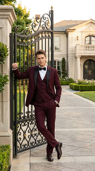 Men’s Burgundy Vested Wedding Tuxedo, One Button Jacket with Black Peak Lapel and Matching Pants