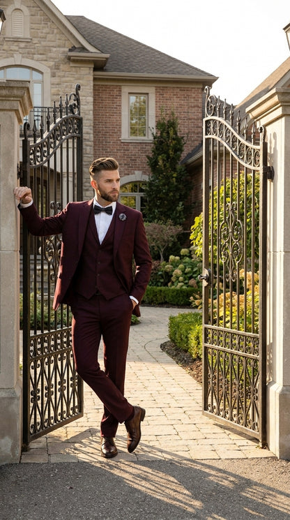Men’s Burgundy Regular Fit Suit with Vest, Formal Wedding Prom Dress Suit Modern Fit