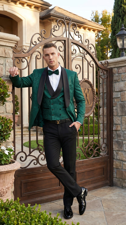 Men’s Hunter Green Textured Pattern  Suit with Black Shawl Lapel, Formal Wedding Prom Suit Modern Fit