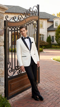 Men’s Ivory Wedding Suit with Black Satin Lapels – Groom Formal Suit Jacket and Pants